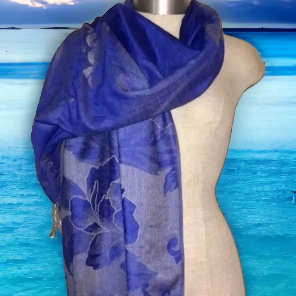 Large Damask Floral Print Scarf/Wrap | Blue/Purple with Twisted Fringes 68”x20”